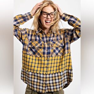Easel Women's Plaid Button Down Shirt - Blue and Yellow